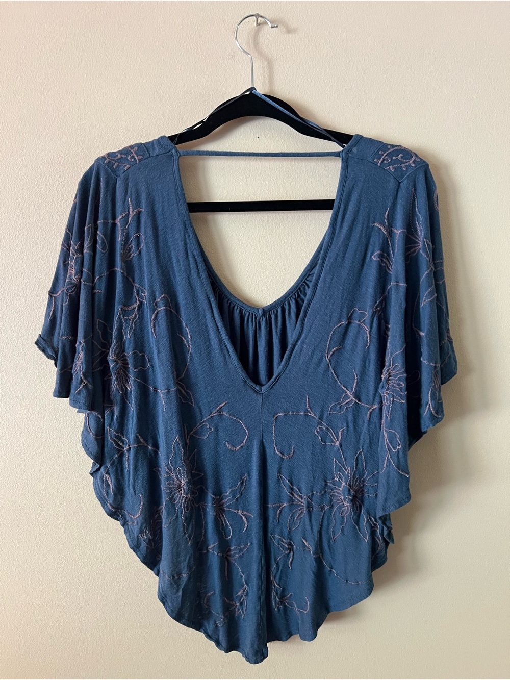 Free People Indigo Embroidered V-Neck Tunic